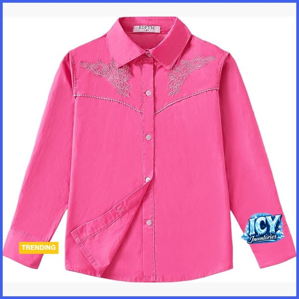 Girls Western Cowgirl Shirt Long Sleeve Retro Floral Embroidered Button Down